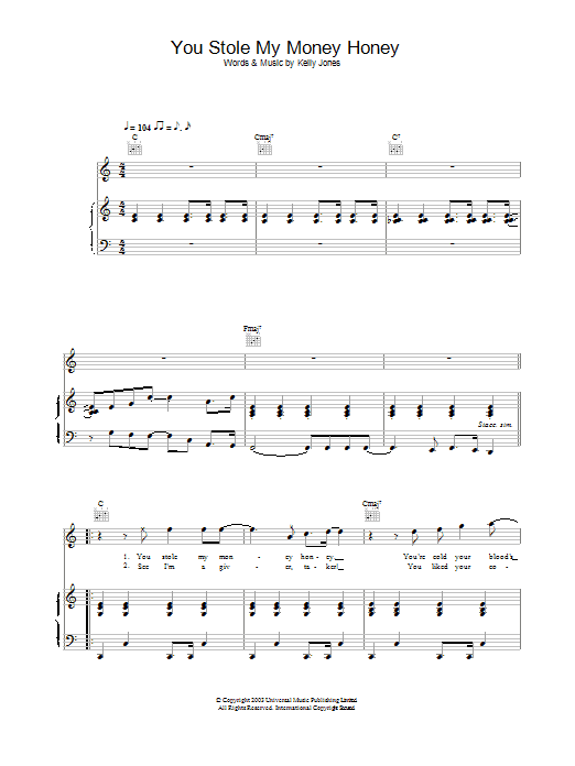 Stereophonics You Stole My Money Honey sheet music notes and chords. Download Printable PDF.
