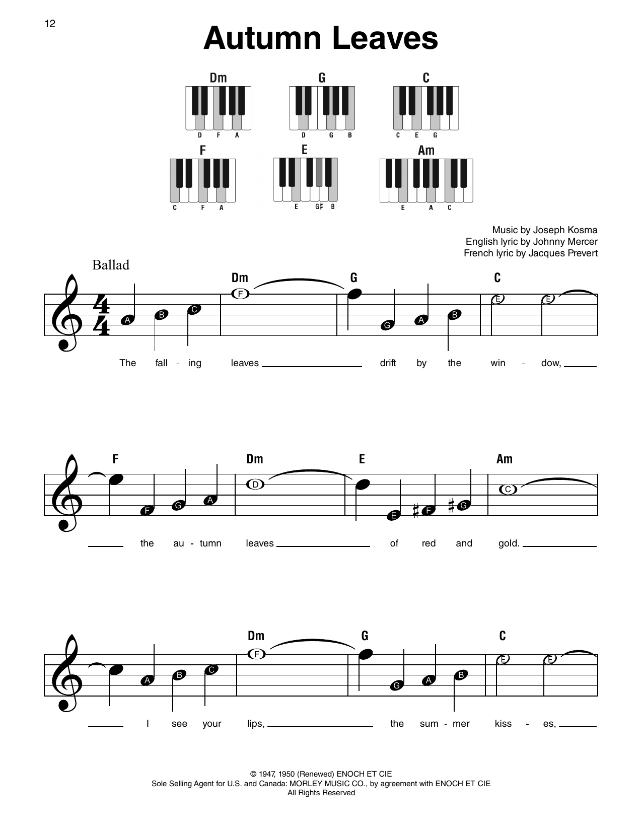 Steve Allen & George Cates Autumn Leaves sheet music notes and chords arranged for Super Easy Piano