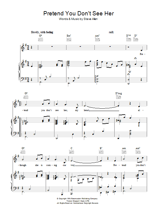 Steve Allen Pretend You Don't See Her sheet music notes and chords arranged for Piano, Vocal & Guitar Chords