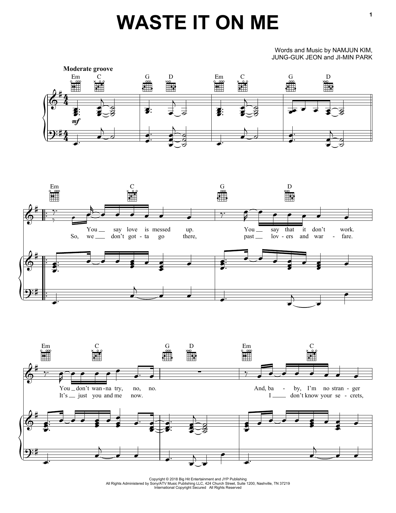 Steve Aoki Waste It On Me (feat. BTS) sheet music notes and chords arranged for Piano, Vocal & Guitar Chords (Right-Hand Melody)