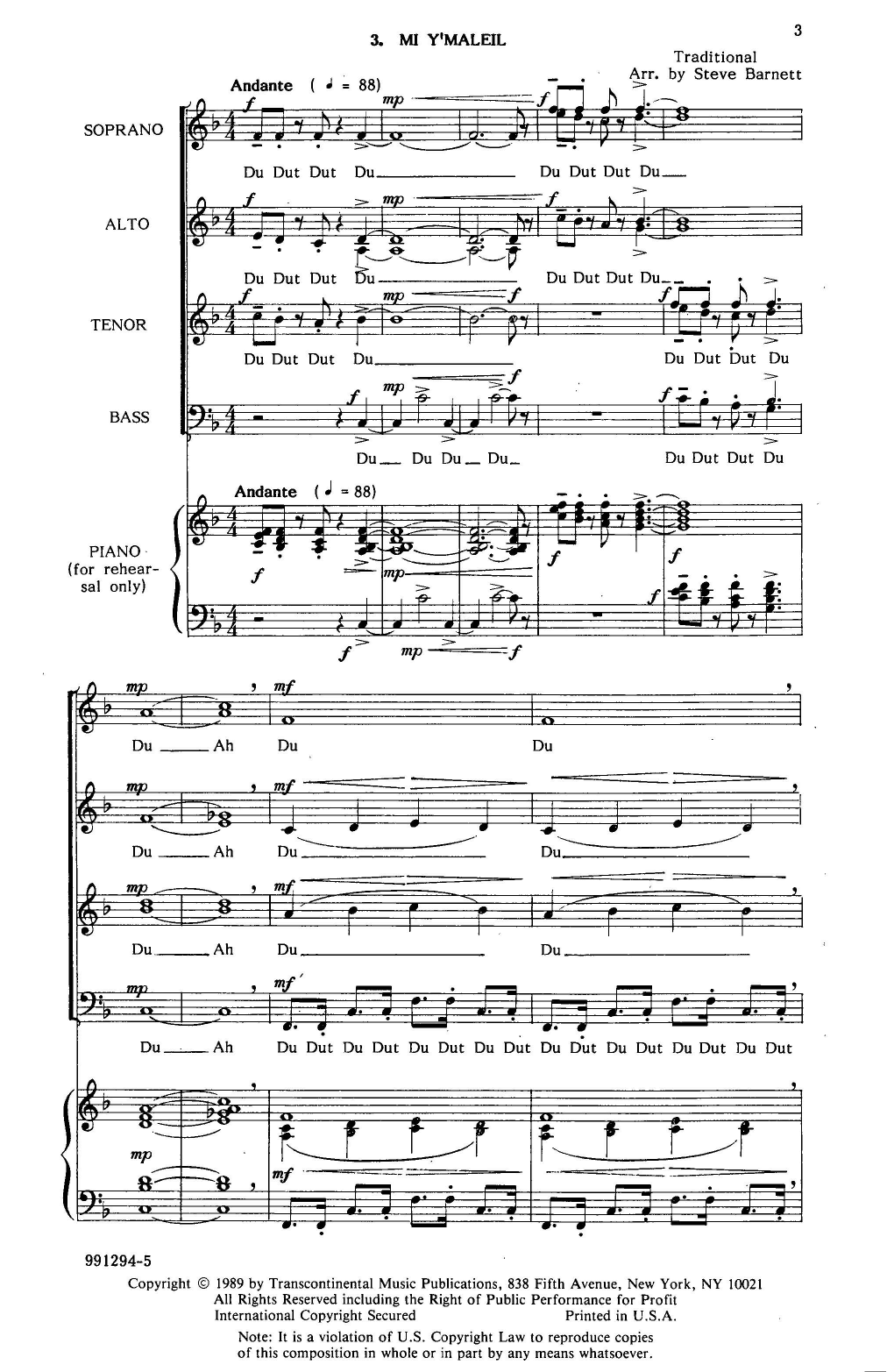 Steve Barnett Mi Y'maleil Rehearsal Piano sheet music notes and chords arranged for SATB Choir