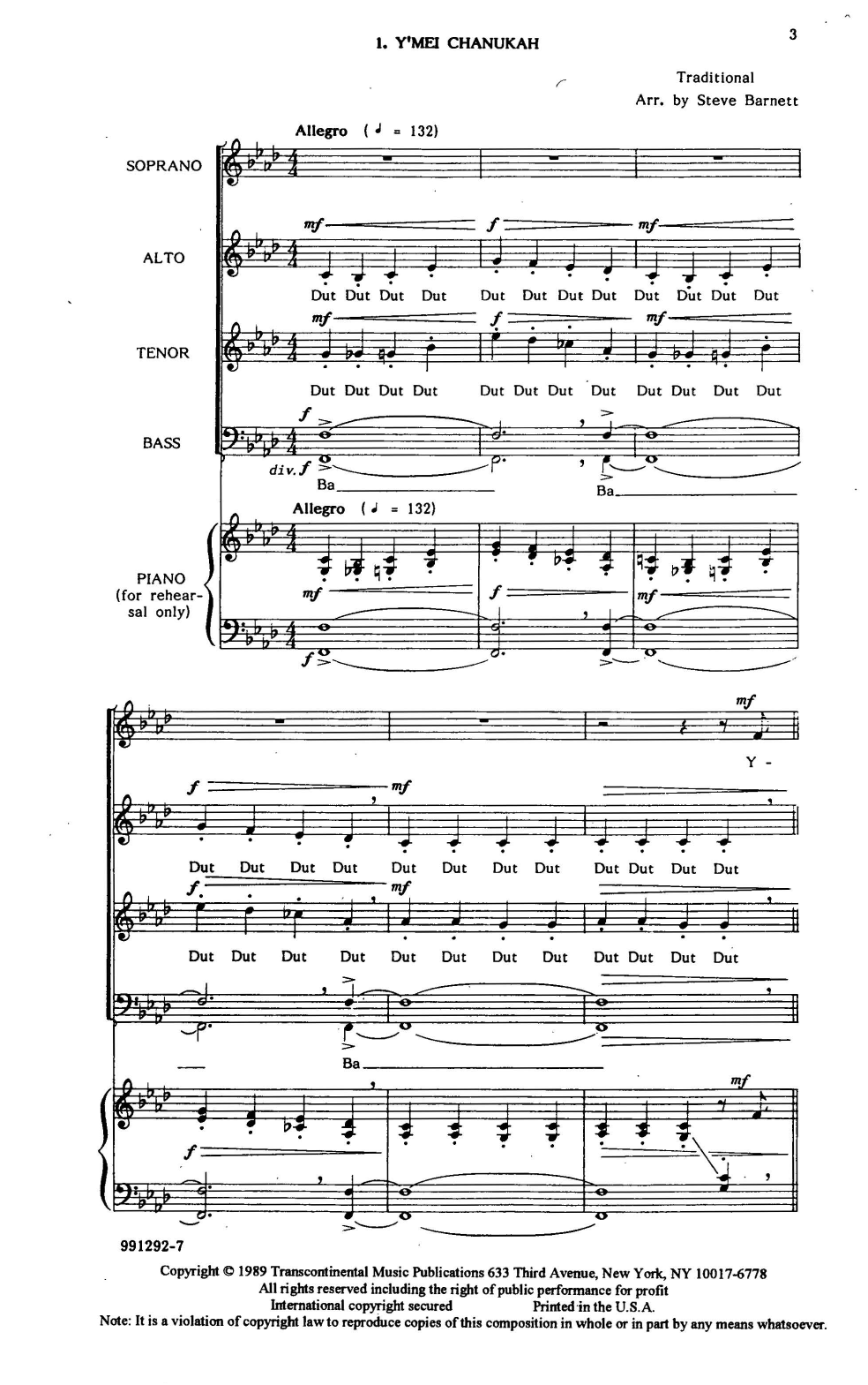 Steve Barnett Y'mei Chanukah Rehearsal Piano sheet music notes and chords arranged for SATB Choir