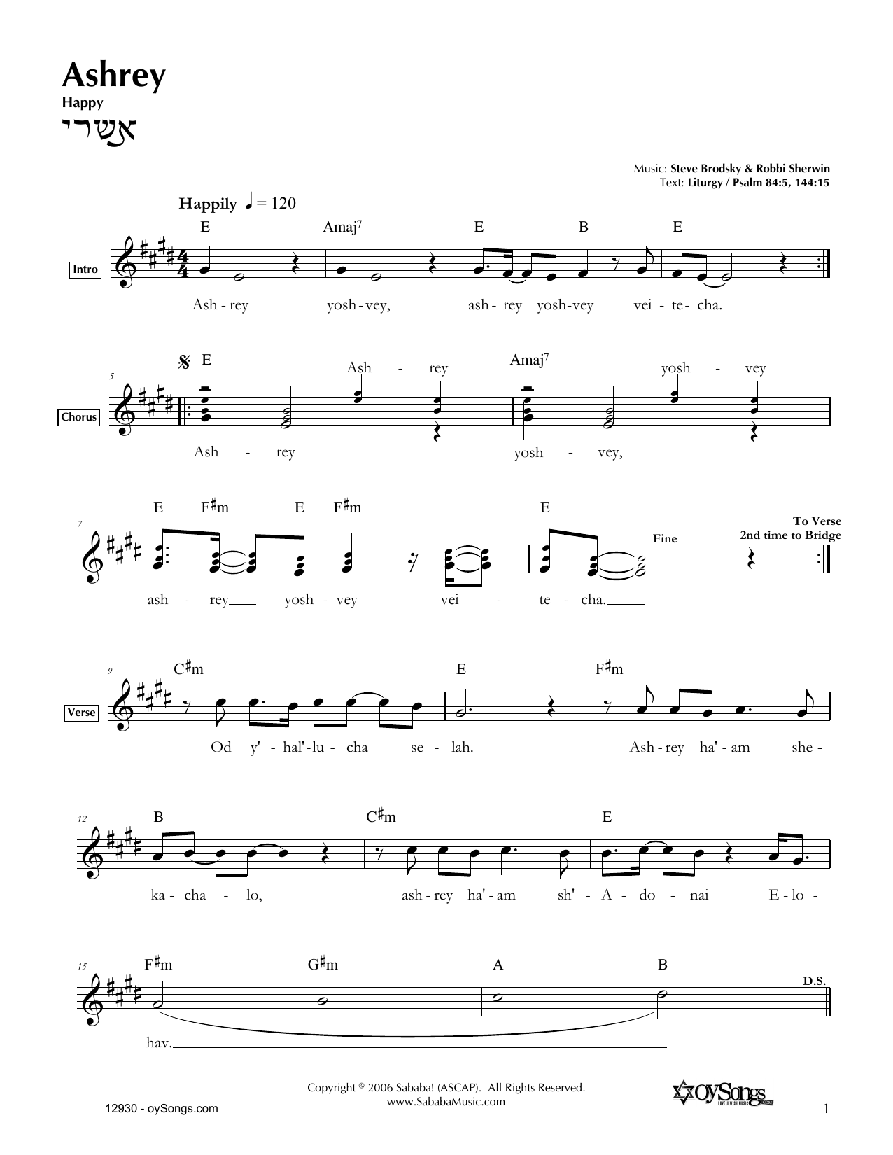 Steve Brodsky Ashrey sheet music notes and chords arranged for Lead Sheet / Fake Book