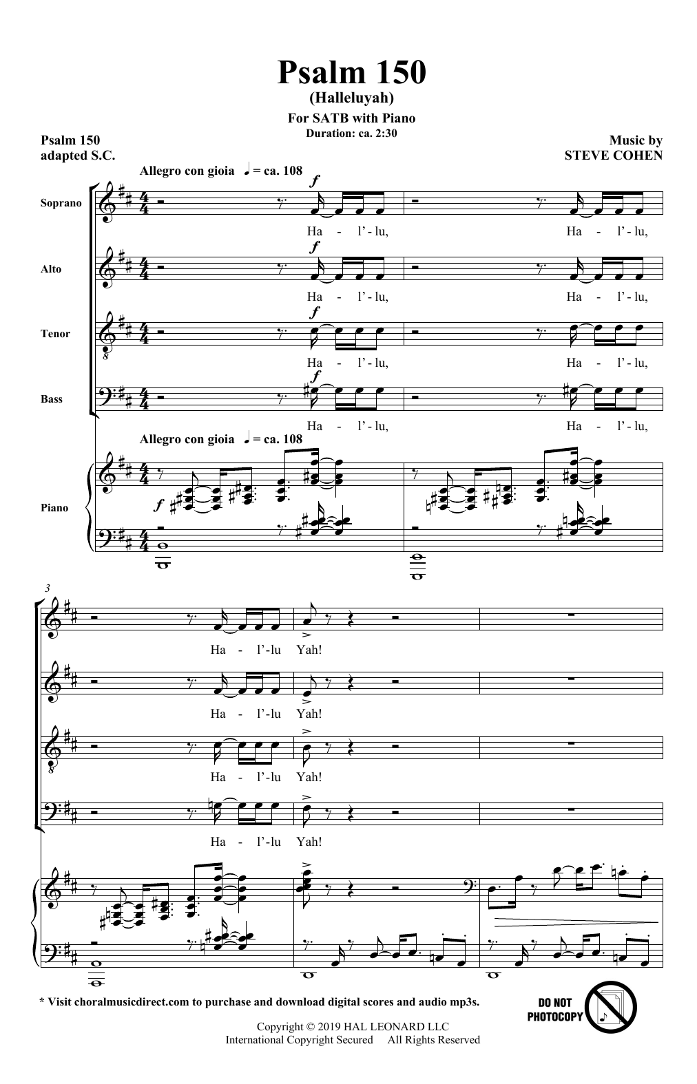 Steve Cohen Psalm 150 (Halleluyah) sheet music notes and chords arranged for SATB Choir
