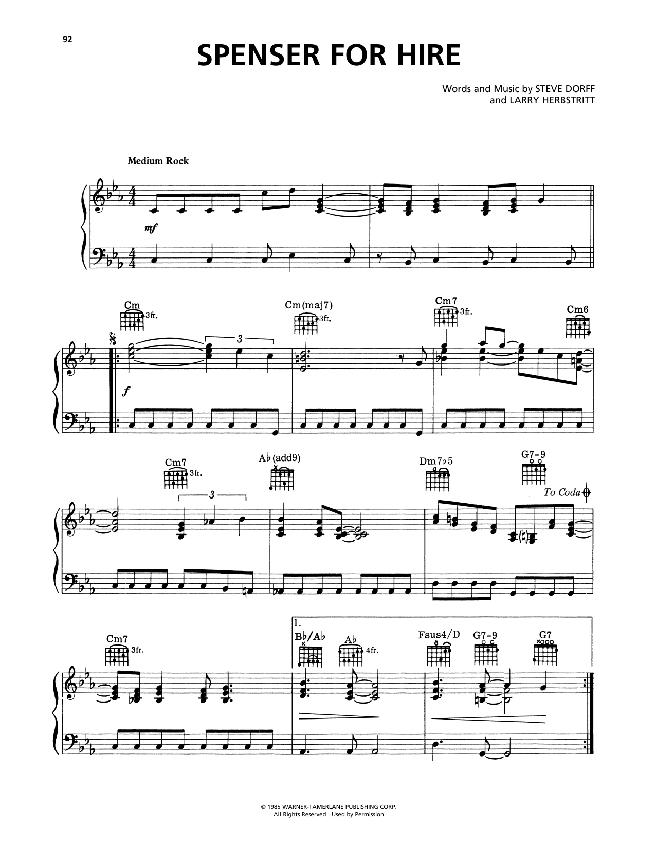 Steve Dorff Spenser For Hire sheet music notes and chords arranged for Piano Solo