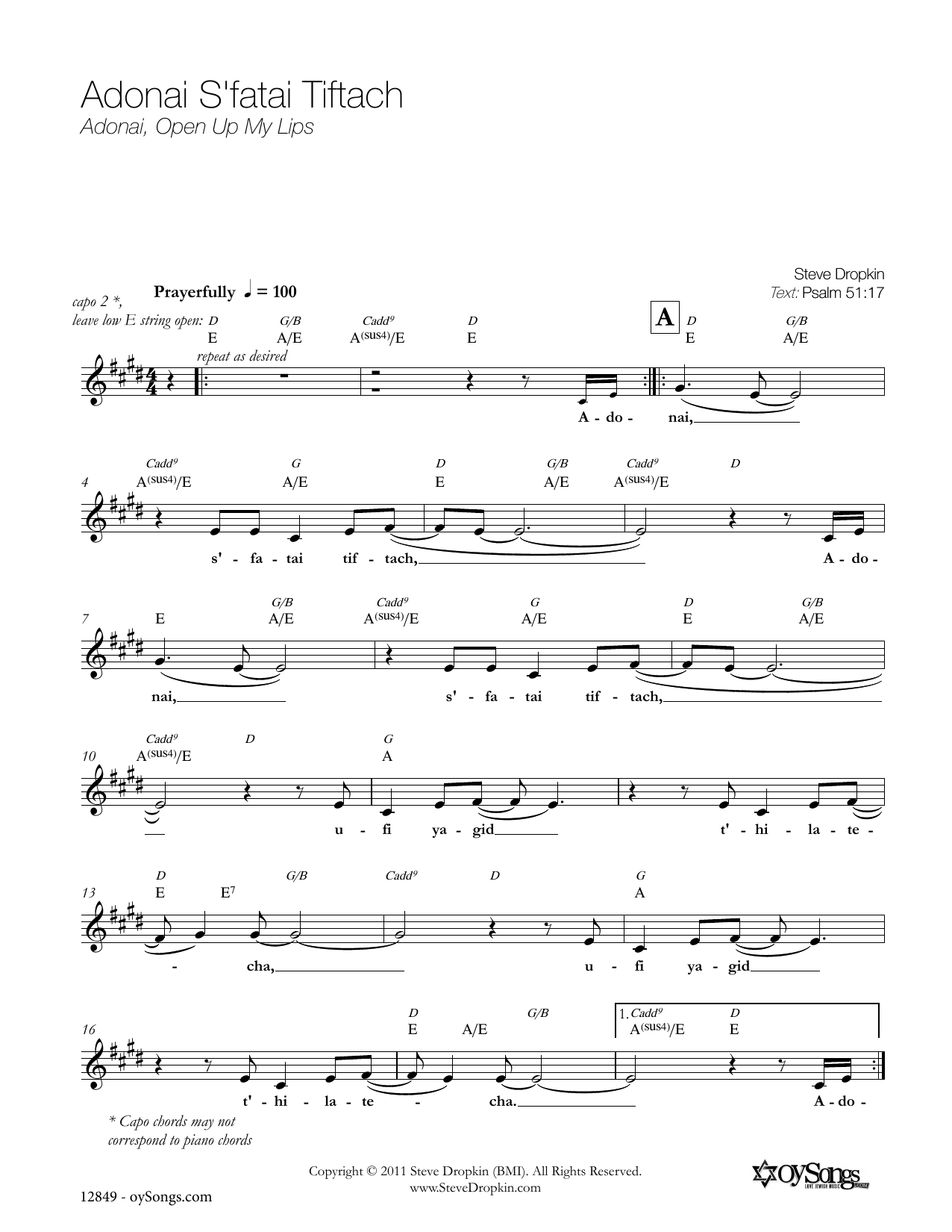 Steve Dropkin Adonai S'fatai Tiftach sheet music notes and chords arranged for Piano, Vocal & Guitar Chords (Right-Hand Melody)
