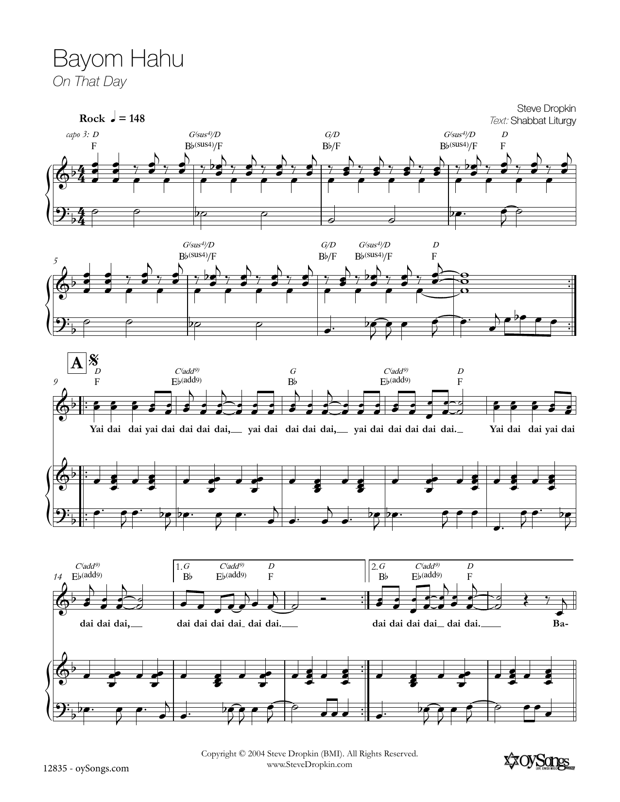 Steve Dropkin Bayom Hahu sheet music notes and chords arranged for Piano, Vocal & Guitar Chords (Right-Hand Melody)