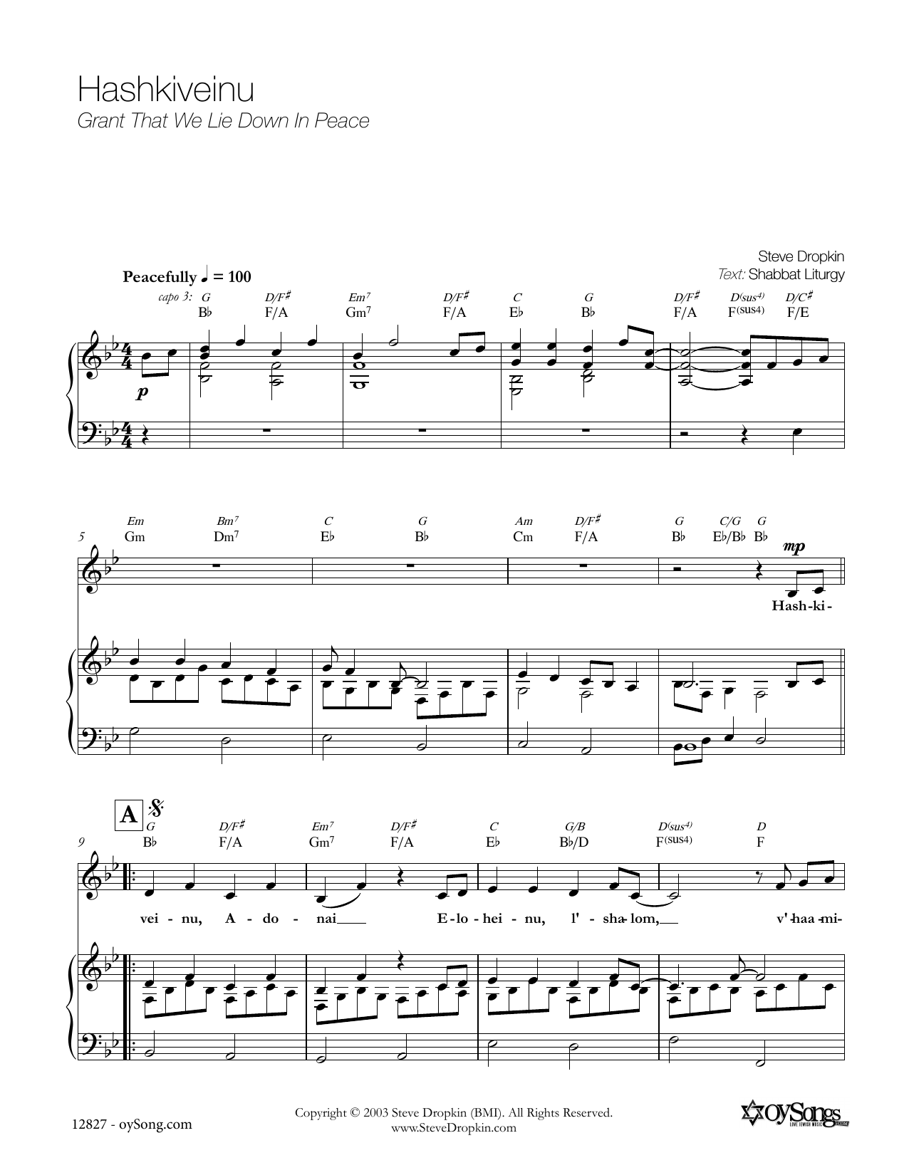 Steve Dropkin Hashkiveinu sheet music notes and chords arranged for Piano, Vocal & Guitar Chords (Right-Hand Melody)