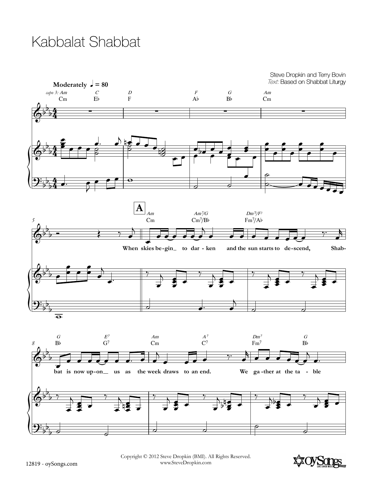 Steve Dropkin Kabbalat Shabbat sheet music notes and chords arranged for Piano, Vocal & Guitar Chords (Right-Hand Melody)