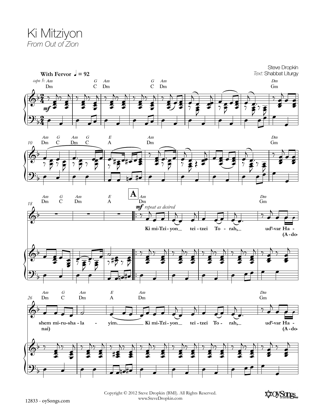 Steve Dropkin Ki Mitziyon sheet music notes and chords arranged for Piano, Vocal & Guitar Chords (Right-Hand Melody)