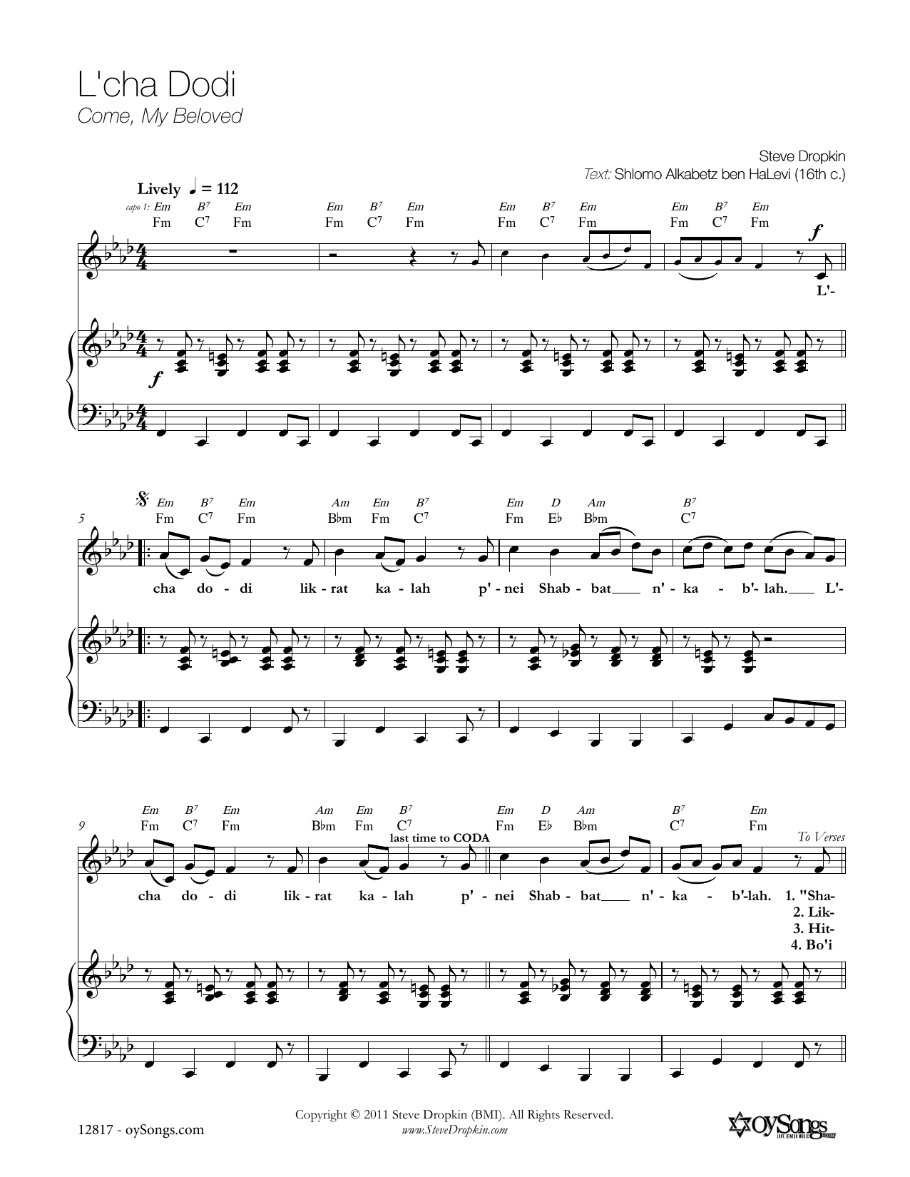 Steve Dropkin L'cha Dodi sheet music notes and chords arranged for Piano, Vocal & Guitar Chords (Right-Hand Melody)