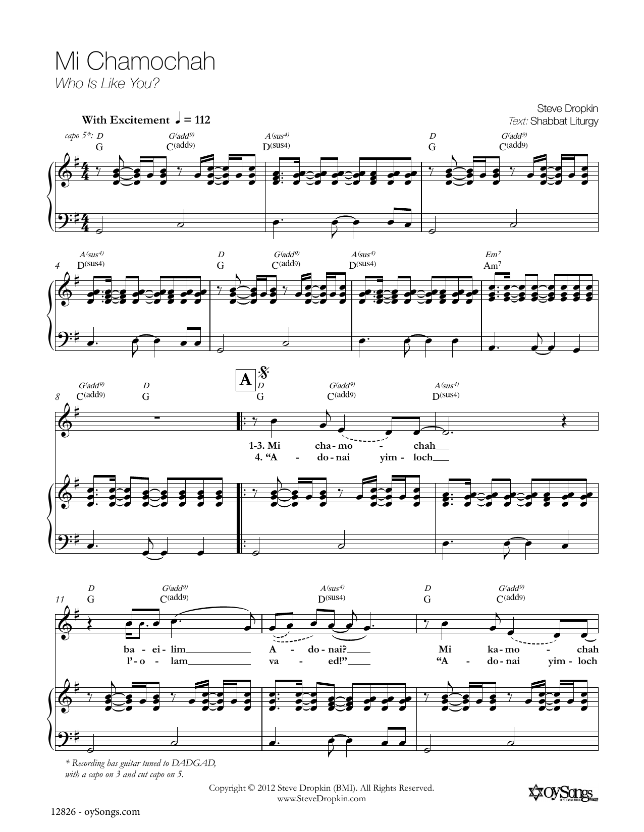Steve Dropkin Mi Chamochah sheet music notes and chords arranged for Piano, Vocal & Guitar Chords (Right-Hand Melody)