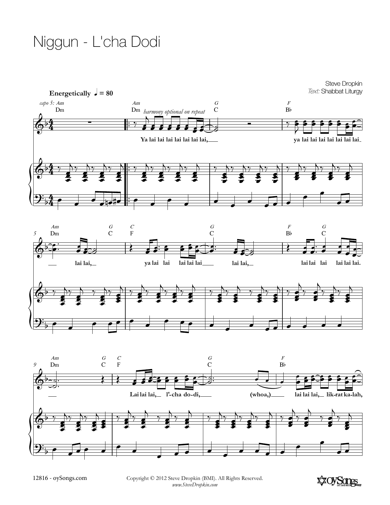 Steve Dropkin Niggun - L'chah Dodi sheet music notes and chords arranged for Piano, Vocal & Guitar Chords (Right-Hand Melody)