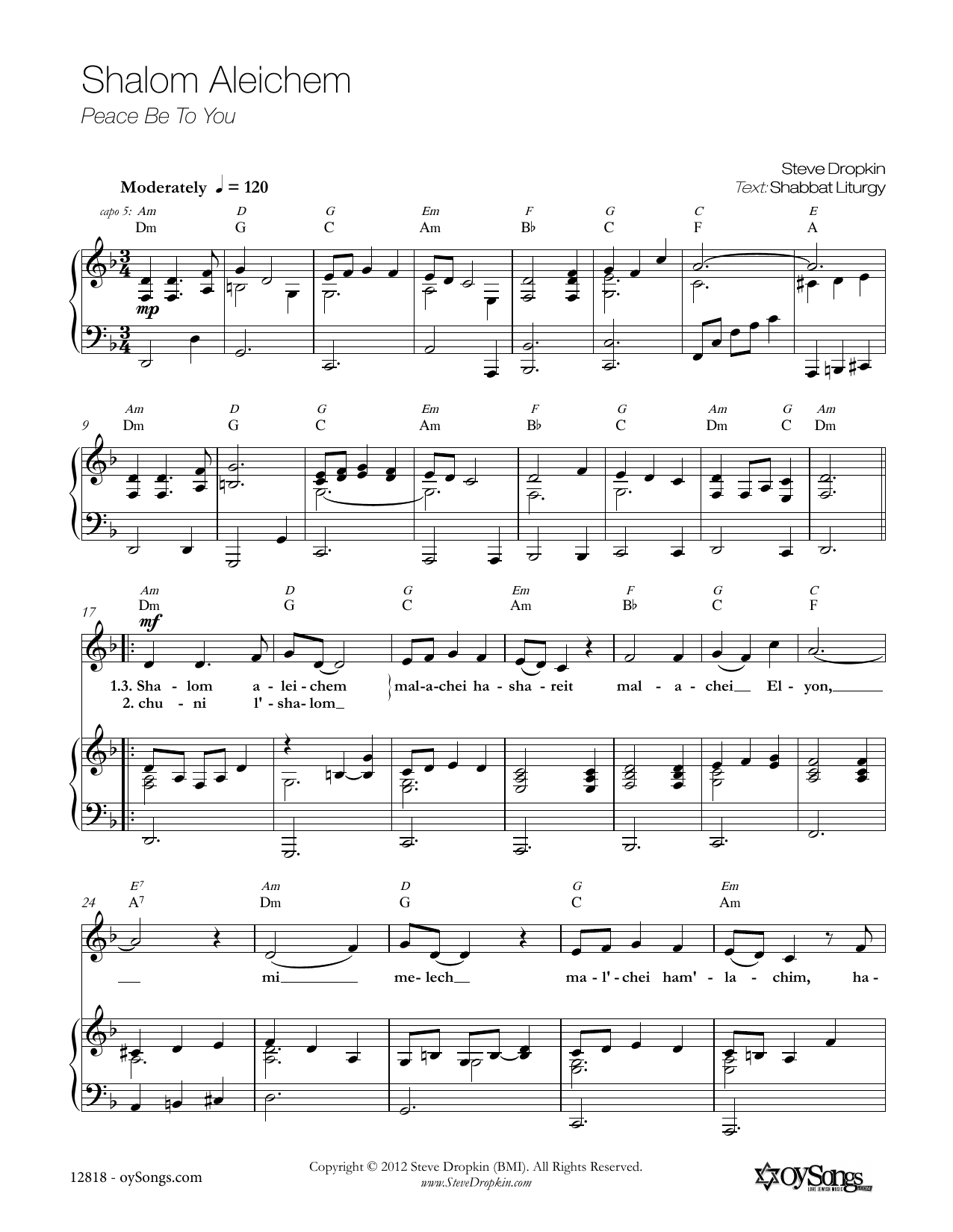 Steve Dropkin Shalom Aleichem sheet music notes and chords arranged for Piano, Vocal & Guitar Chords (Right-Hand Melody)