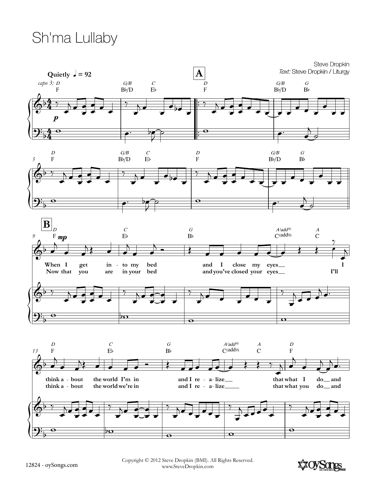 Steve Dropkin Sh'ma Lullaby sheet music notes and chords arranged for Piano, Vocal & Guitar Chords (Right-Hand Melody)