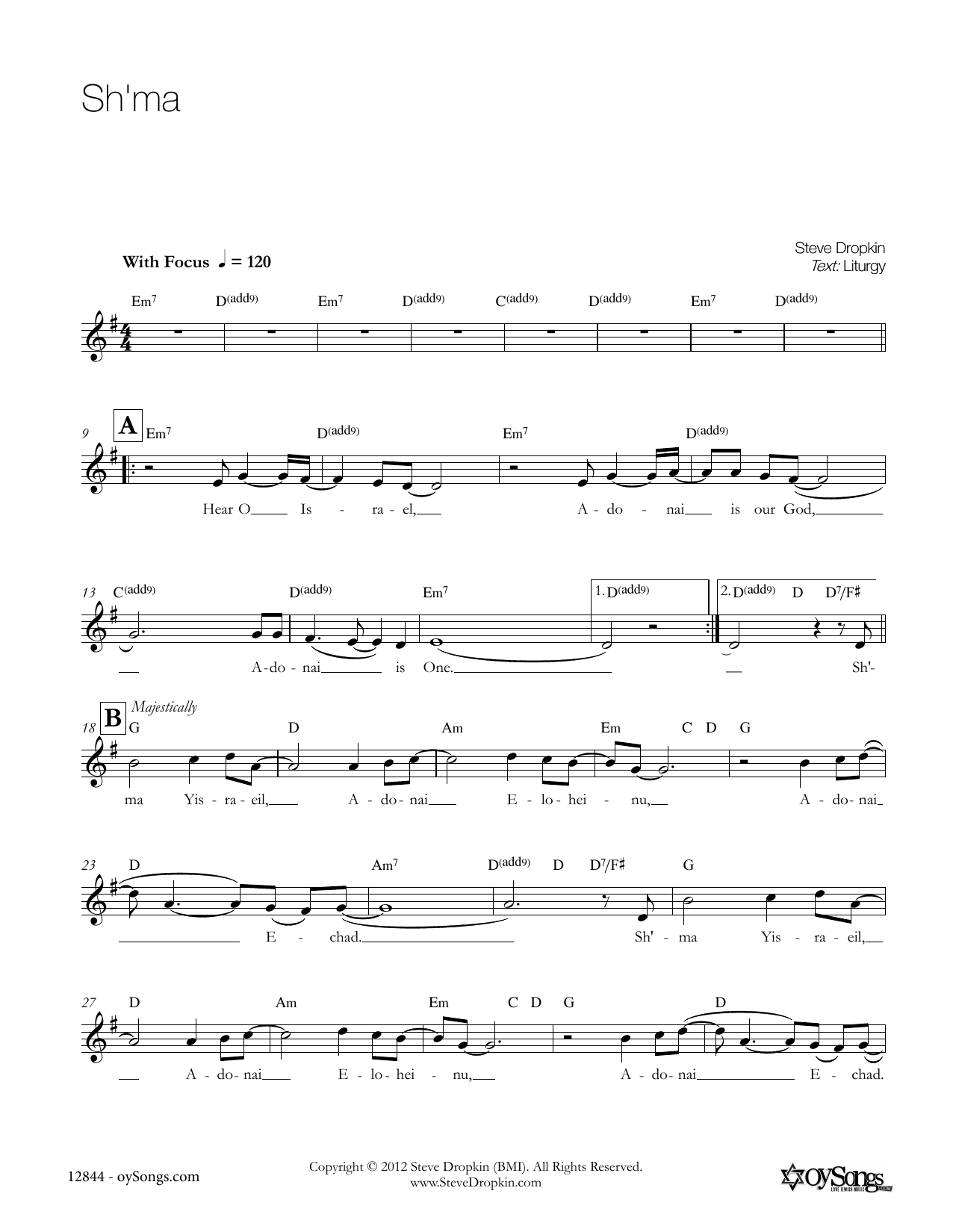 Steve Dropkin Sh'ma sheet music notes and chords arranged for Piano, Vocal & Guitar Chords (Right-Hand Melody)
