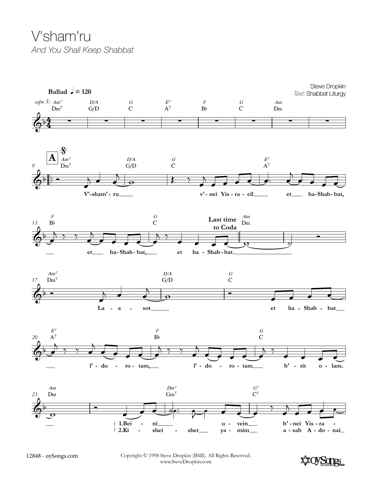 Steve Dropkin V'Sham'Ru sheet music notes and chords arranged for Lead Sheet / Fake Book