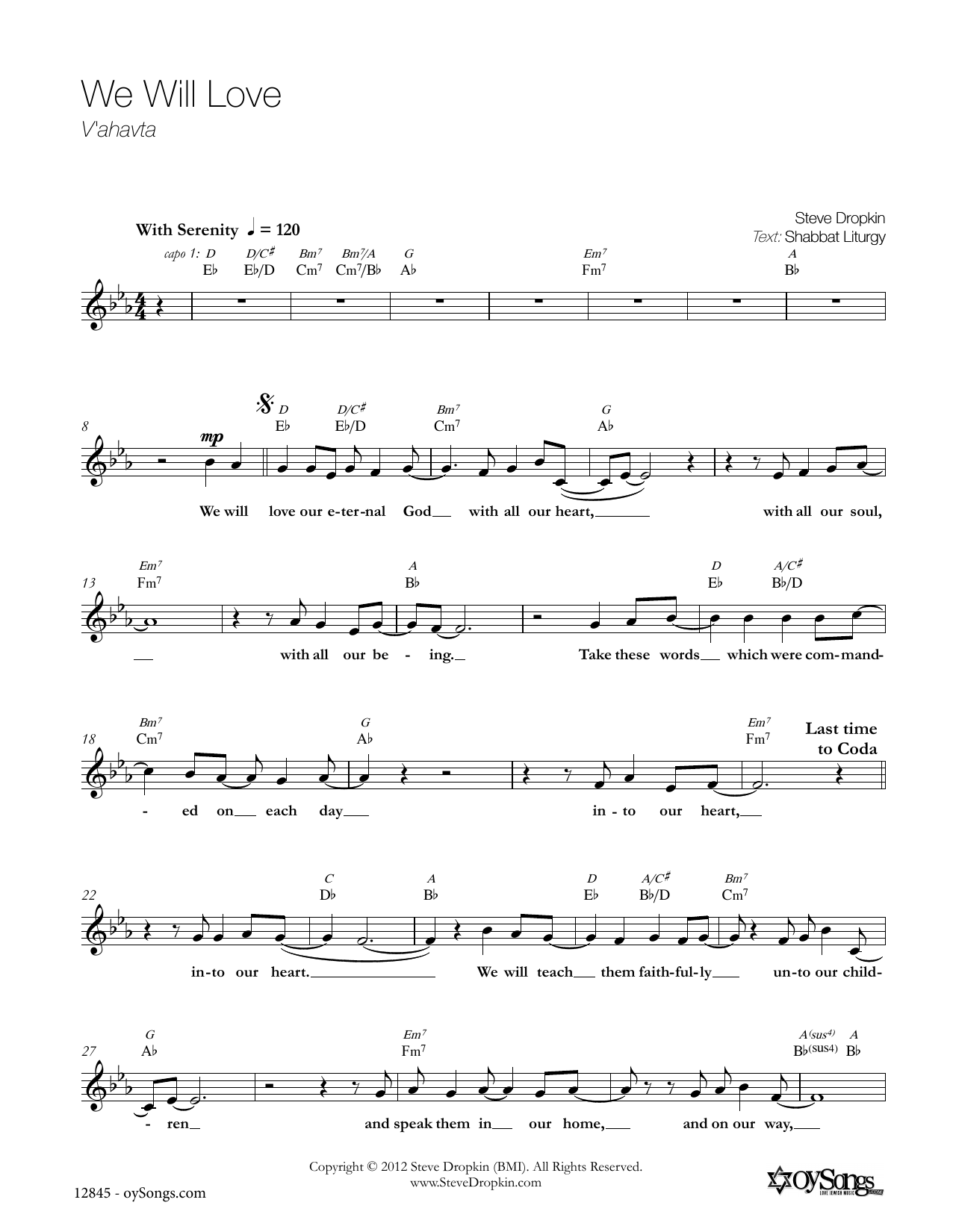 Steve Dropkin We Will Love sheet music notes and chords arranged for Piano, Vocal & Guitar Chords (Right-Hand Melody)