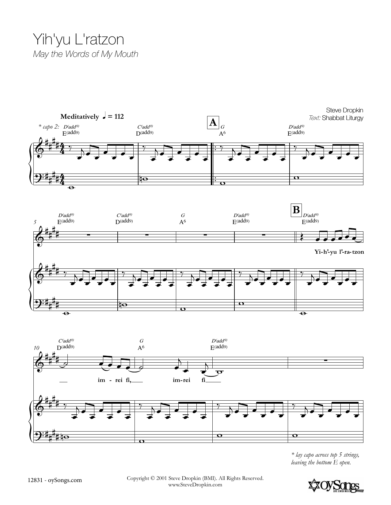 Steve Dropkin Yih'yu L'ratzon sheet music notes and chords arranged for Piano, Vocal & Guitar Chords (Right-Hand Melody)