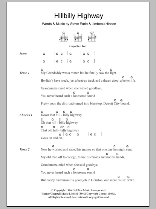Steve Earle Hillbilly Highway sheet music notes and chords arranged for Guitar Chords/Lyrics