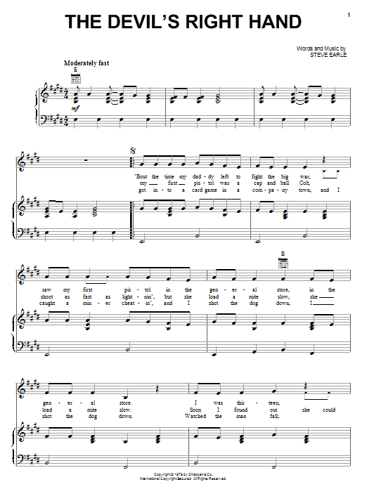 Steve Earle The Devil's Right Hand sheet music notes and chords arranged for Piano, Vocal & Guitar Chords (Right-Hand Melody)