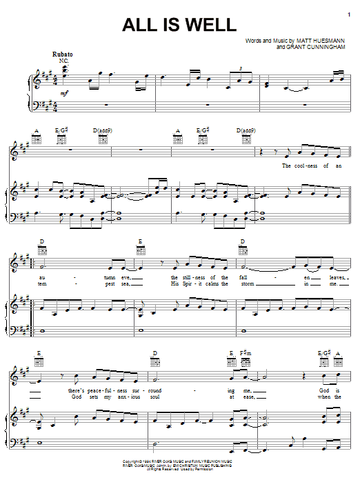 Steve Green All Is Well sheet music notes and chords arranged for Piano, Vocal & Guitar Chords (Right-Hand Melody)