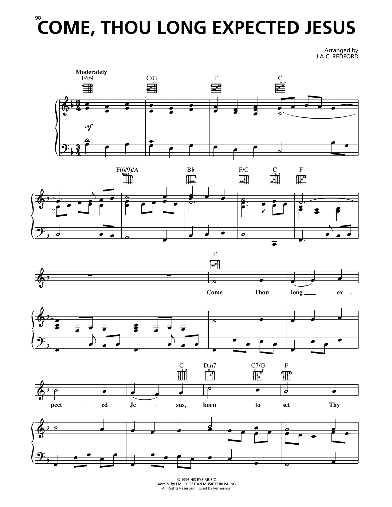 Steve Green Come, Thou Long Expected Jesus sheet music notes and chords arranged for Piano, Vocal & Guitar Chords (Right-Hand Melody)
