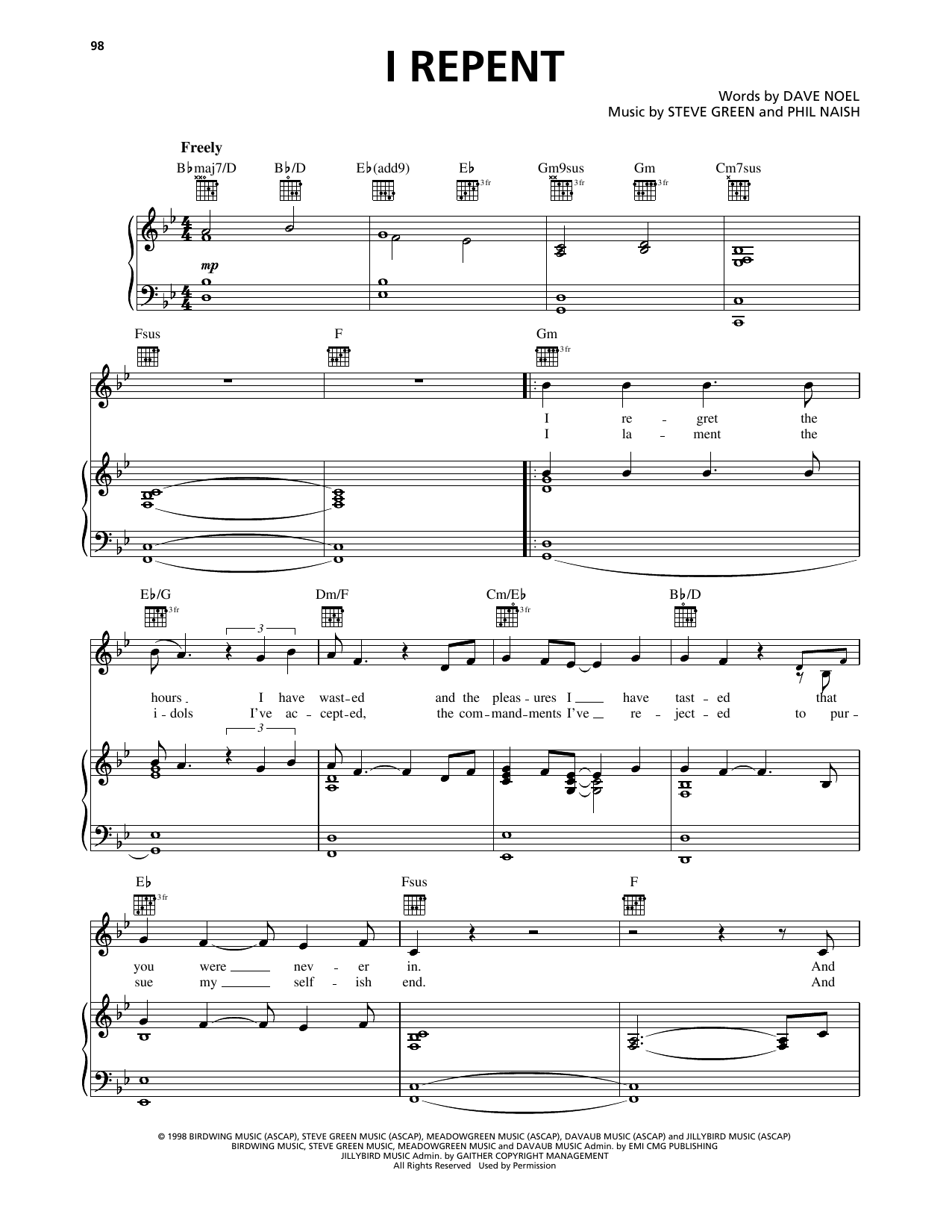 Steve Green I Repent sheet music notes and chords arranged for Piano, Vocal & Guitar Chords (Right-Hand Melody)