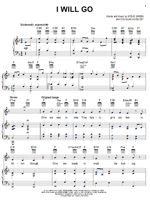 Steve Green I Will Go sheet music notes and chords arranged for Piano, Vocal & Guitar Chords (Right-Hand Melody)