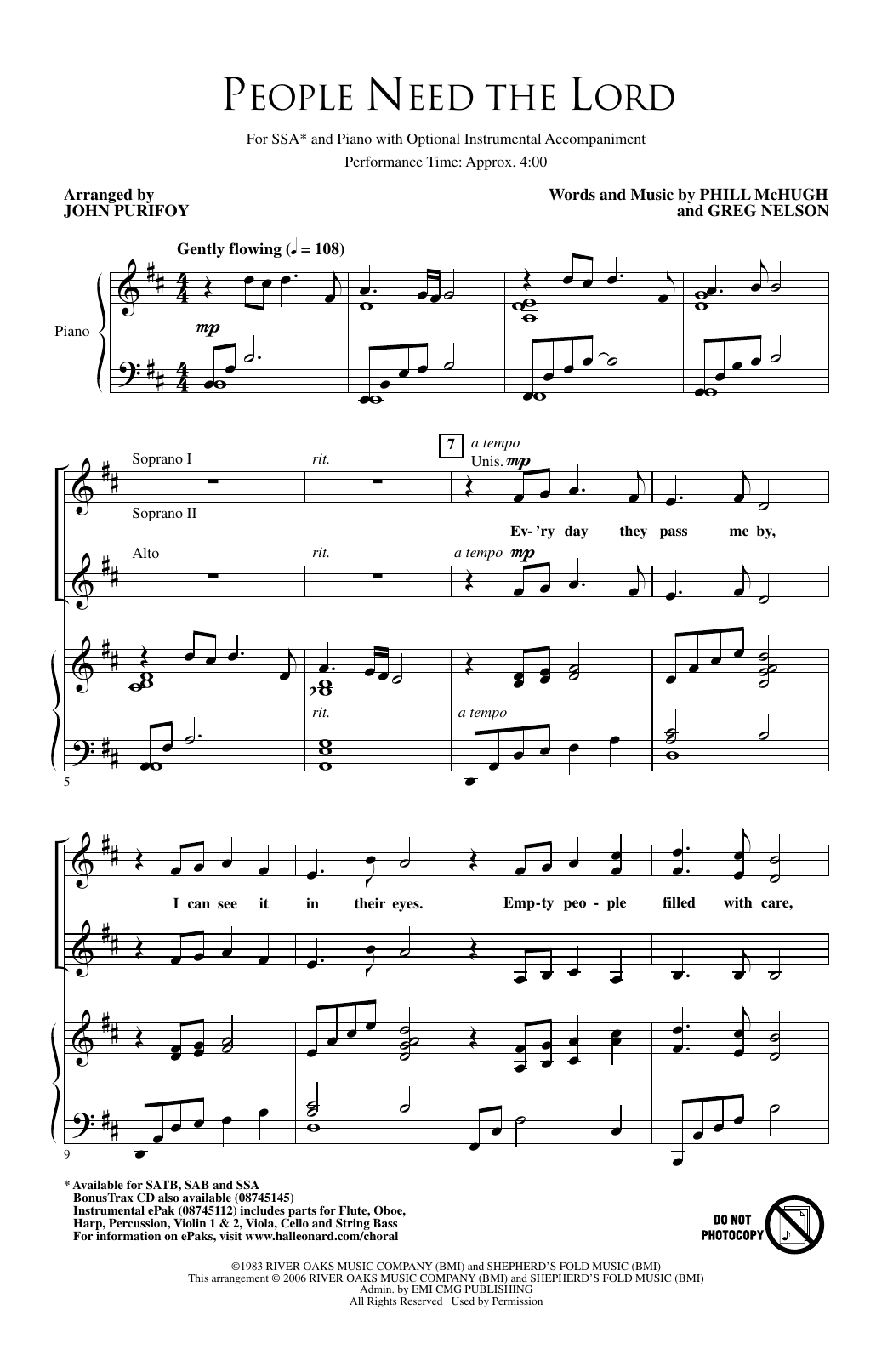 Steve Green People Need The Lord (arr. John Purifoy) sheet music notes and chords arranged for SSA Choir