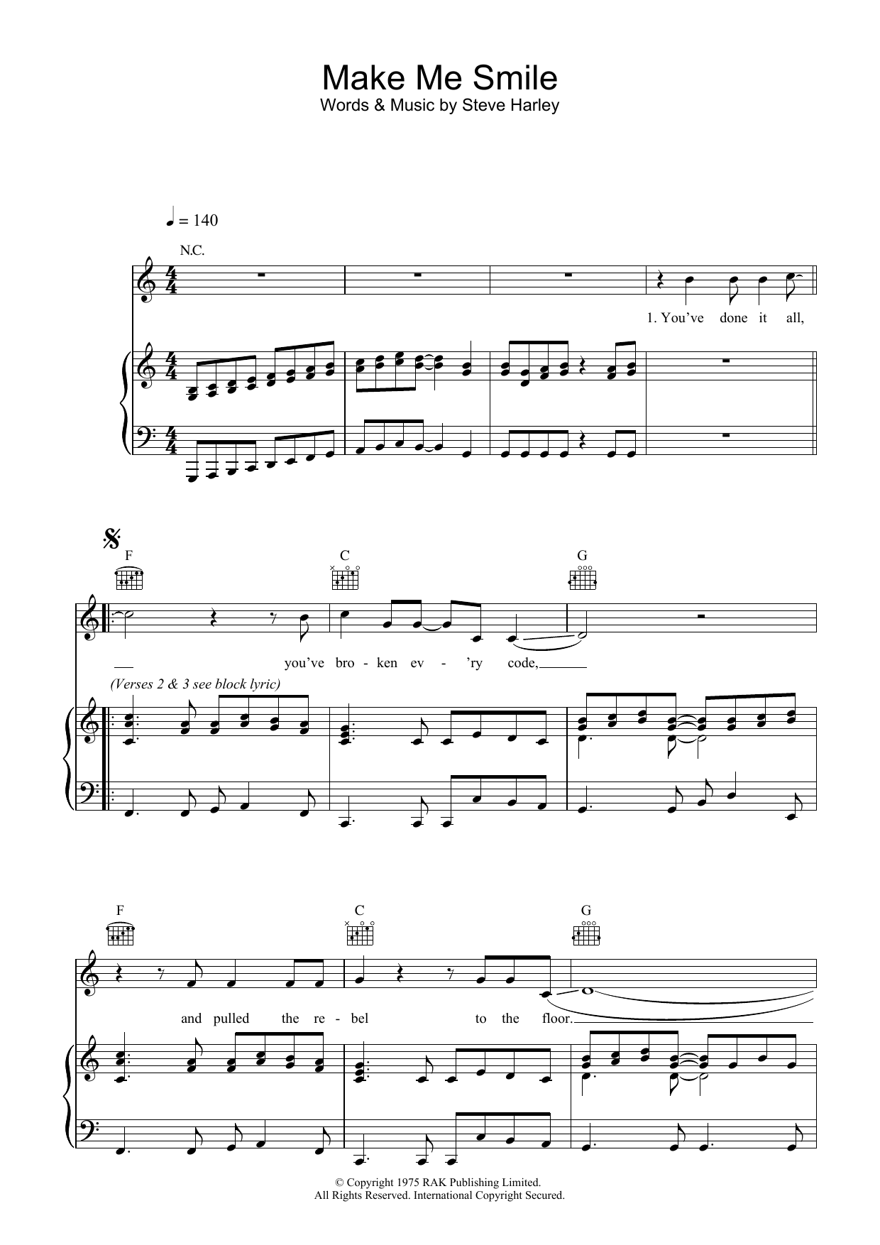 Steve Harley & Cockney Rebel Make Me Smile (Come Up And See Me) sheet music notes and chords arranged for Piano, Vocal & Guitar Chords
