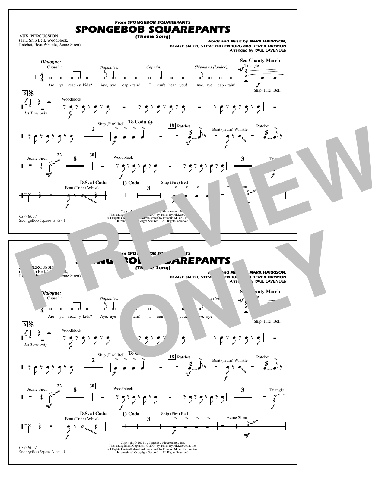 Steve Hillenburg Spongebob Squarepants (Theme Song) (arr. Paul Lavender) - Aux Percussion sheet music notes and chords arranged for Marching Band