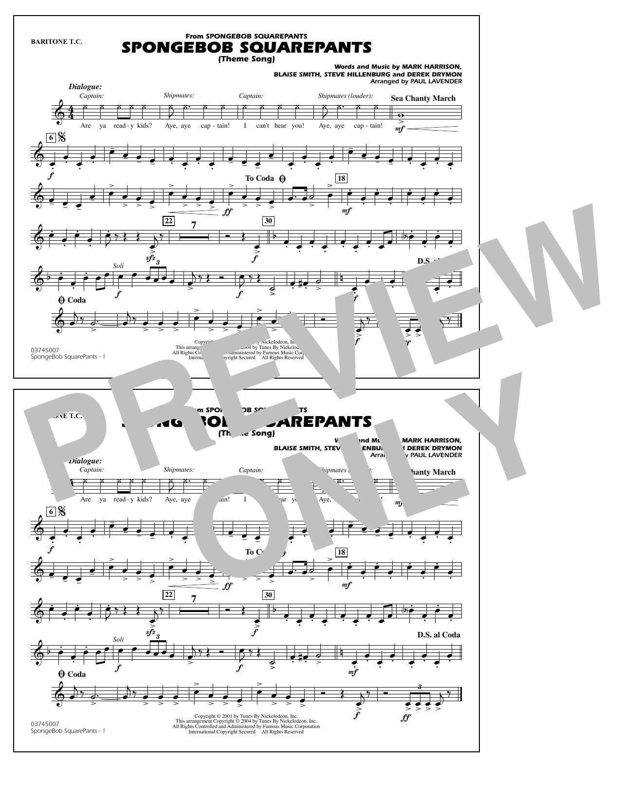 Steve Hillenburg Spongebob Squarepants (Theme Song) (arr. Paul Lavender) - Baritone T.C. sheet music notes and chords arranged for Marching Band