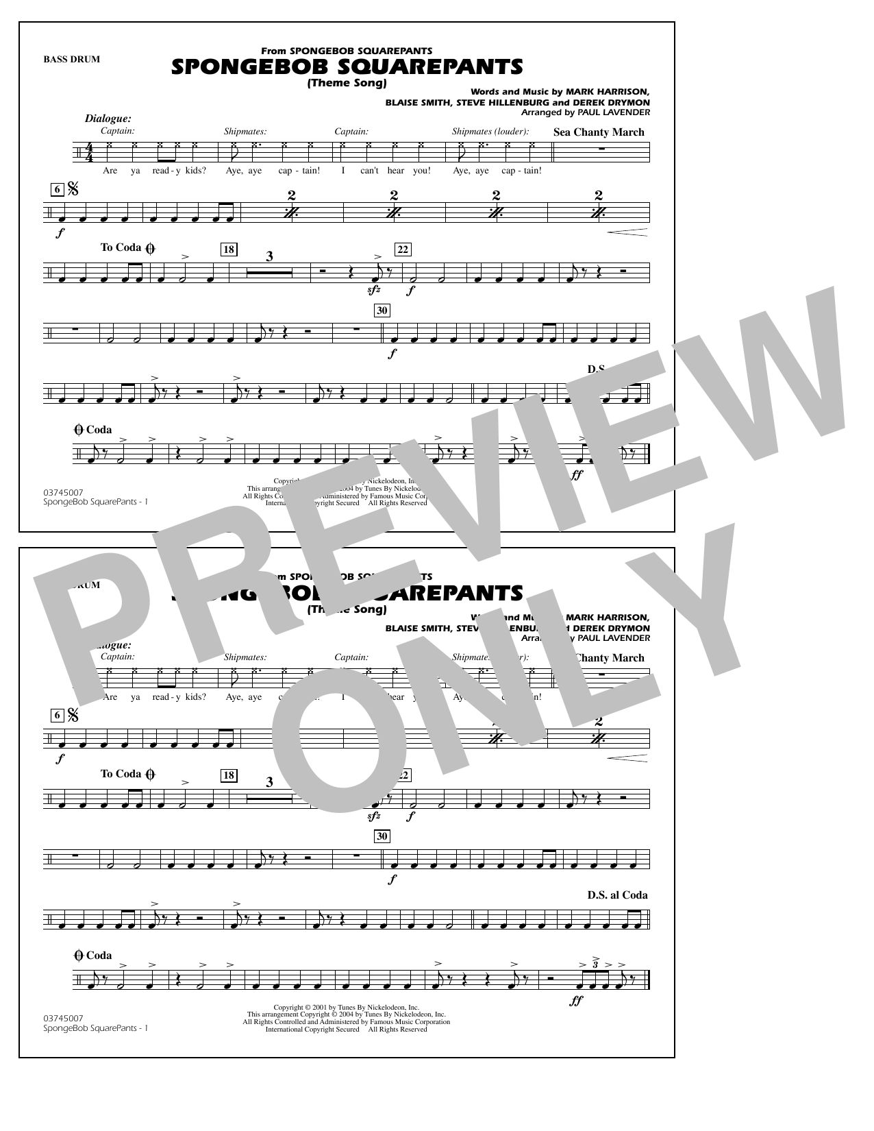 Steve Hillenburg Spongebob Squarepants (Theme Song) (arr. Paul Lavender) - Bass Drum sheet music notes and chords arranged for Marching Band