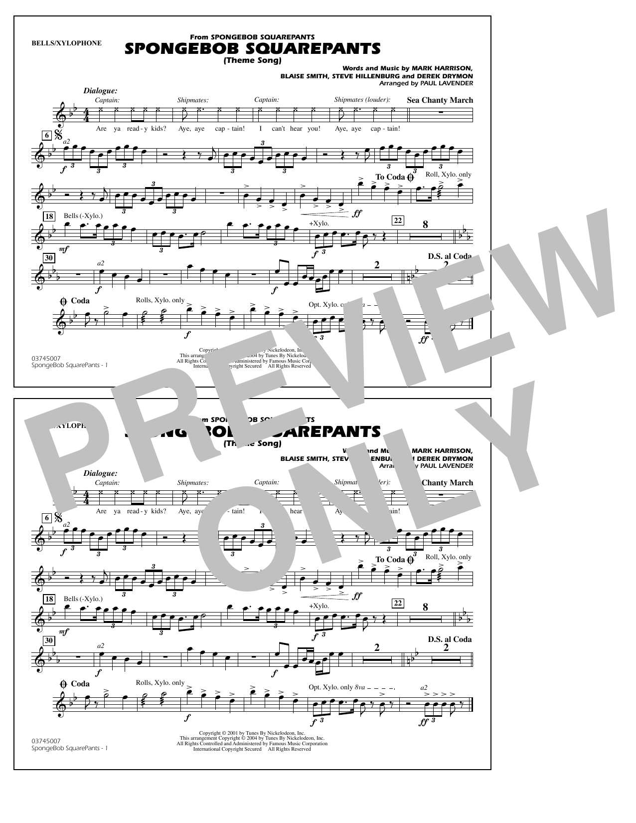 Steve Hillenburg Spongebob Squarepants (Theme Song) (arr. Paul Lavender) - Bells/Xylophone sheet music notes and chords arranged for Marching Band