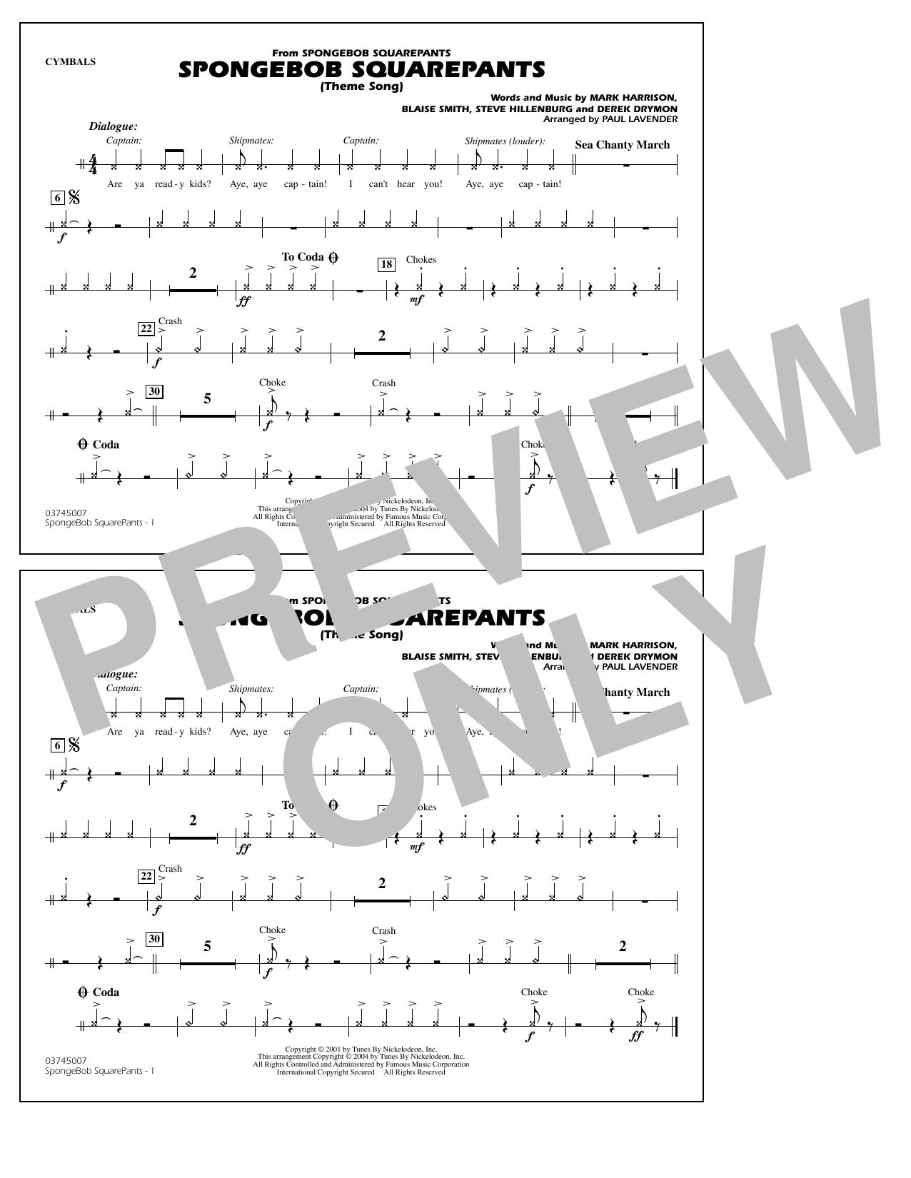 Steve Hillenburg Spongebob Squarepants (Theme Song) (arr. Paul Lavender) - Cymbals sheet music notes and chords arranged for Marching Band