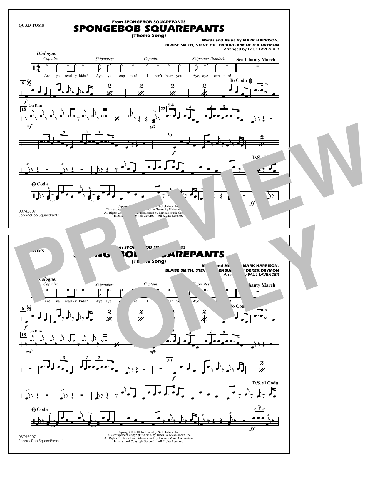Steve Hillenburg Spongebob Squarepants (Theme Song) (arr. Paul Lavender) - Quad Toms sheet music notes and chords arranged for Marching Band