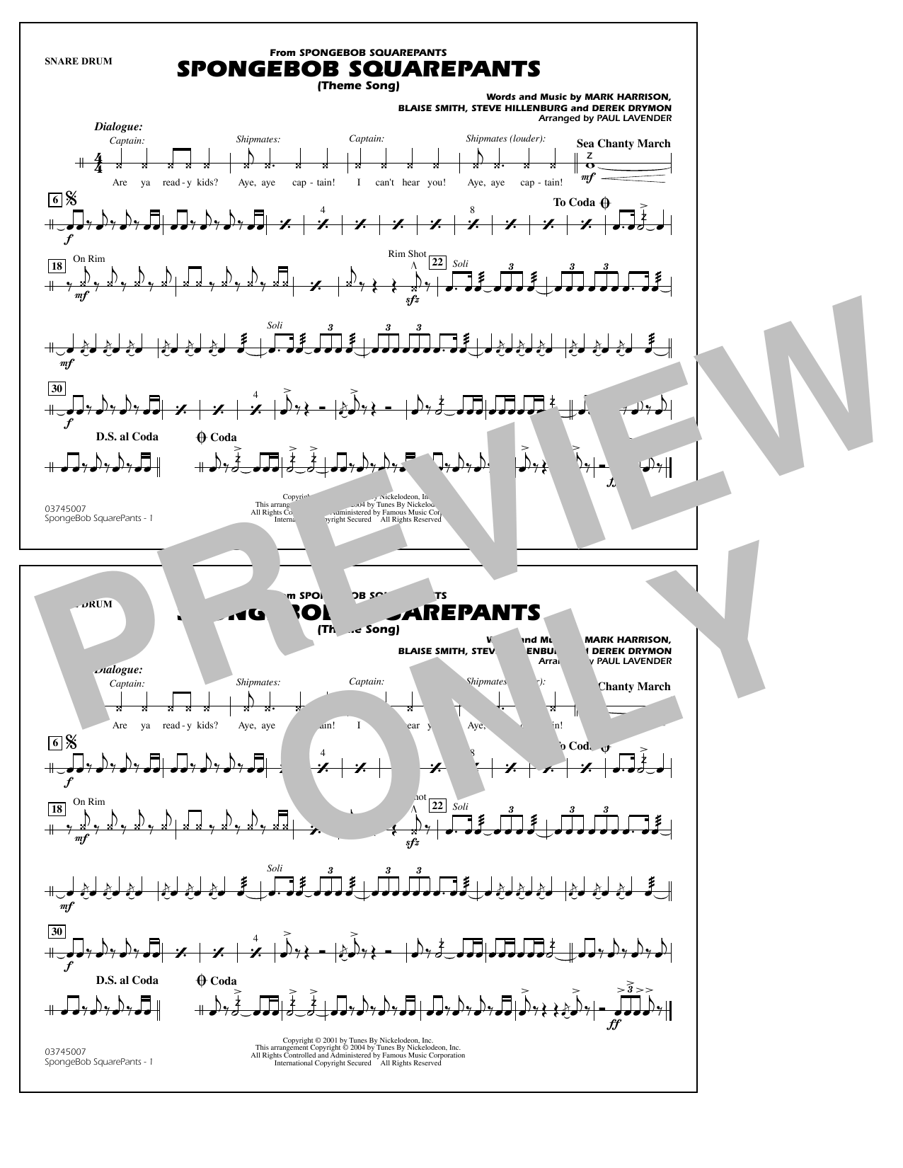 Steve Hillenburg Spongebob Squarepants (Theme Song) (arr. Paul Lavender) - Snare Drum sheet music notes and chords arranged for Marching Band