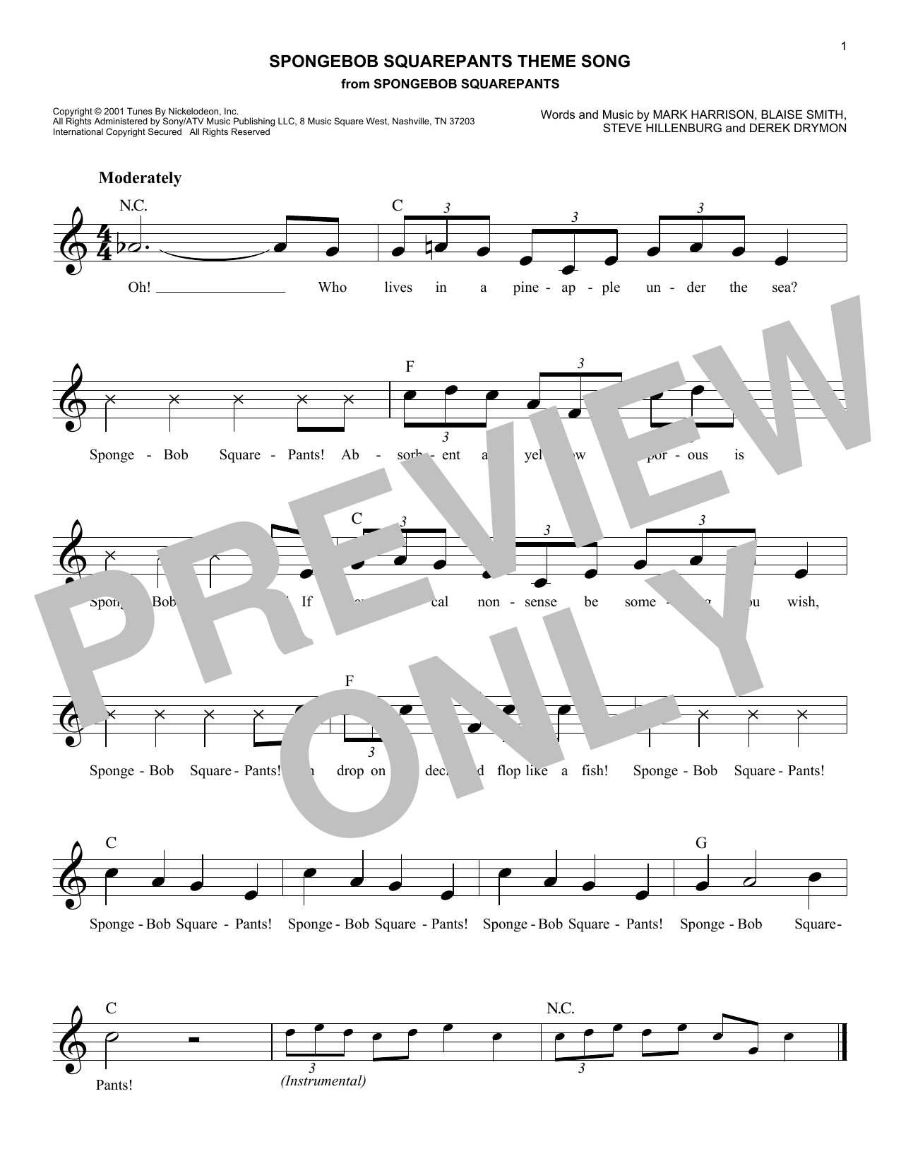 Steve Hillenburg SpongeBob SquarePants Theme Song sheet music notes and chords arranged for Lead Sheet / Fake Book