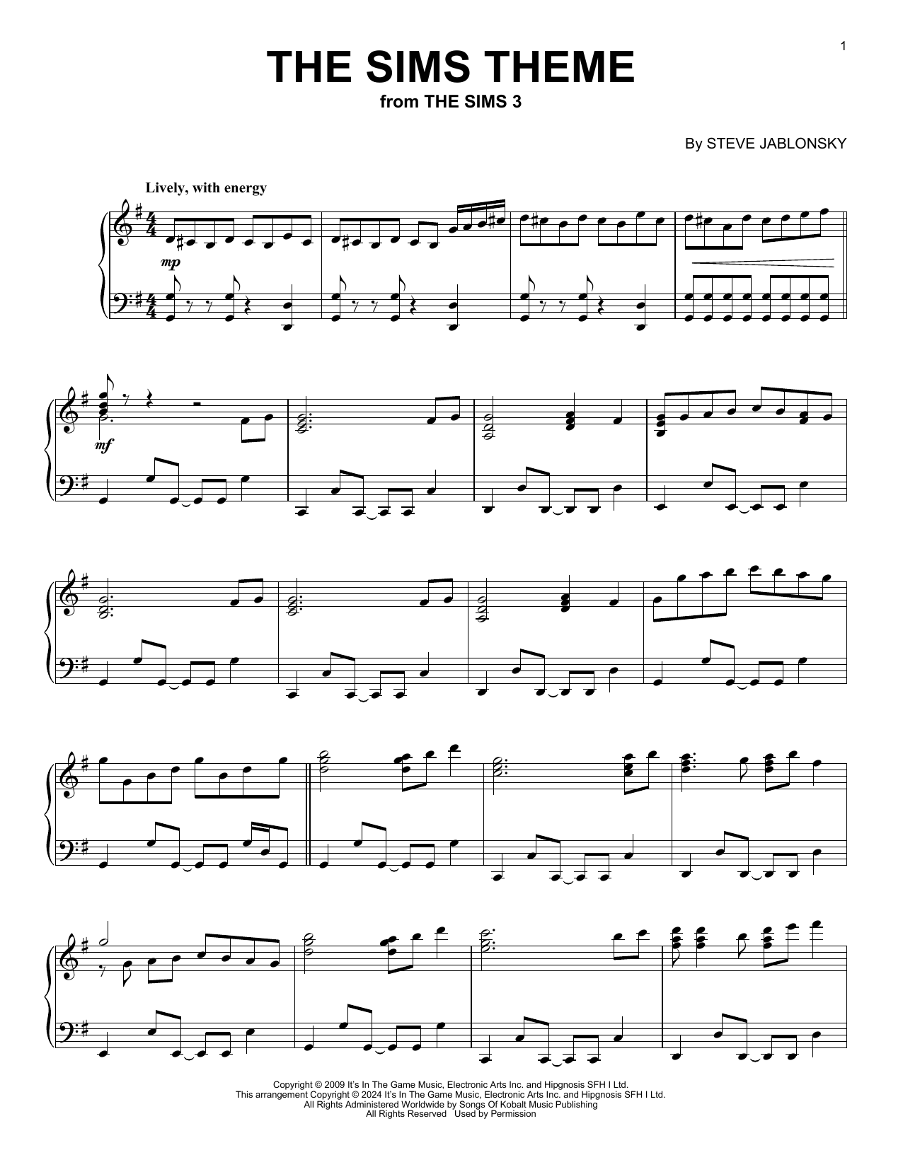 Steve Jablonsky The Sims Theme sheet music notes and chords arranged for Piano Solo