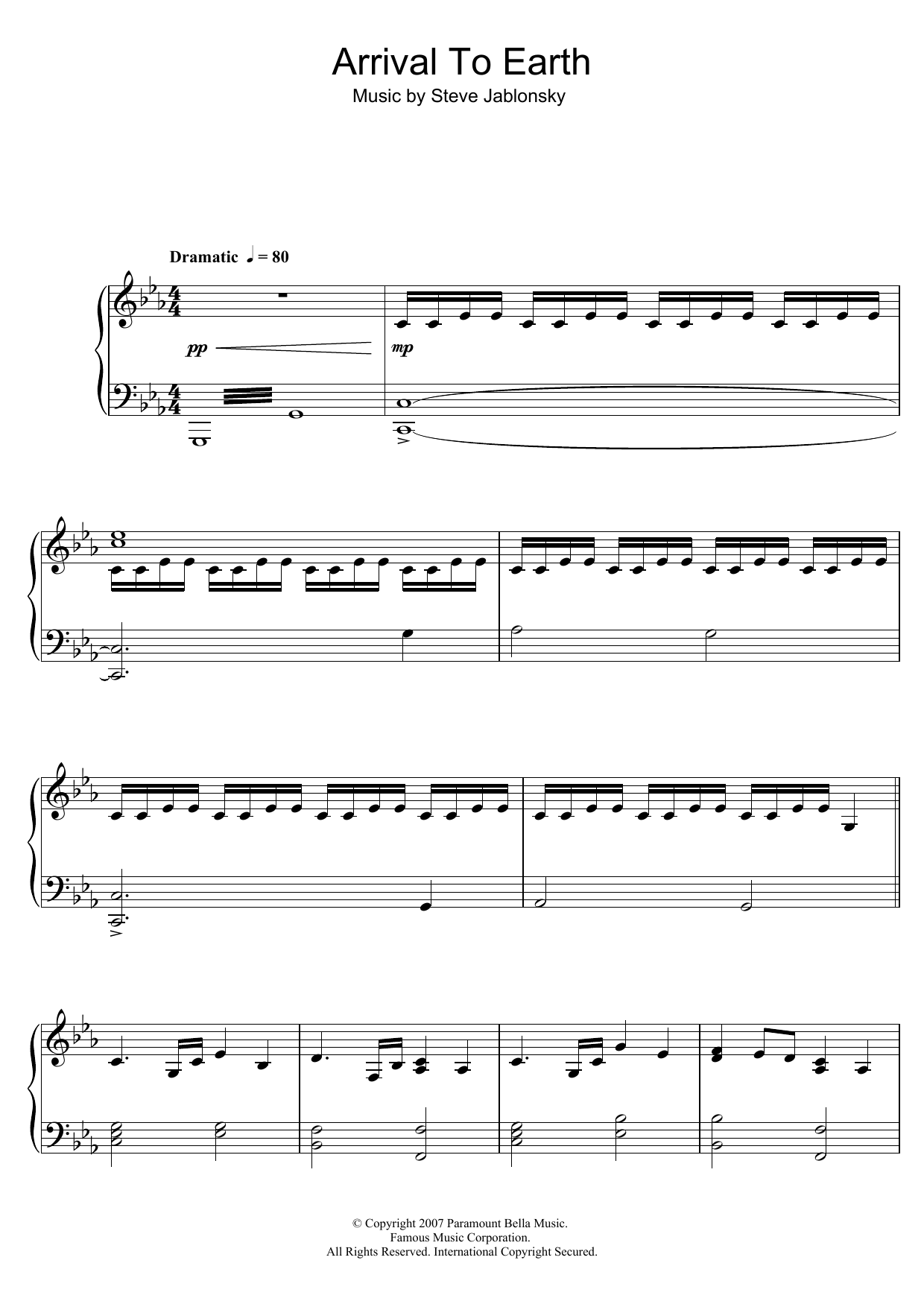 Steve Jablonsky Transformers - Arrival To Earth sheet music notes and chords arranged for Piano Solo