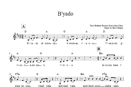 Steve Klaper B'yado sheet music notes and chords arranged for Lead Sheet / Fake Book
