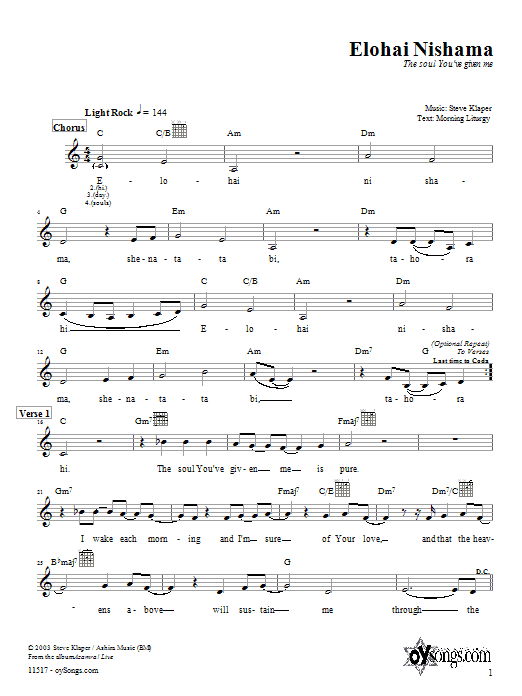 Steve Klaper Elohai Nishama sheet music notes and chords arranged for Lead Sheet / Fake Book