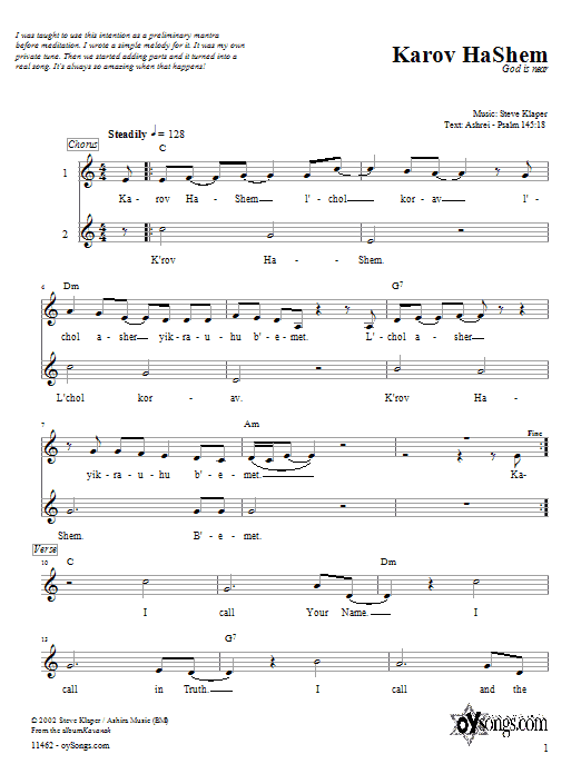 Steve Klaper Karov HaShem sheet music notes and chords arranged for Lead Sheet / Fake Book