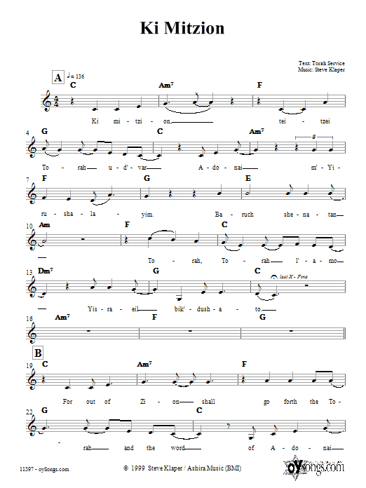 Steve Klaper Ki Mitzion sheet music notes and chords arranged for Lead Sheet / Fake Book