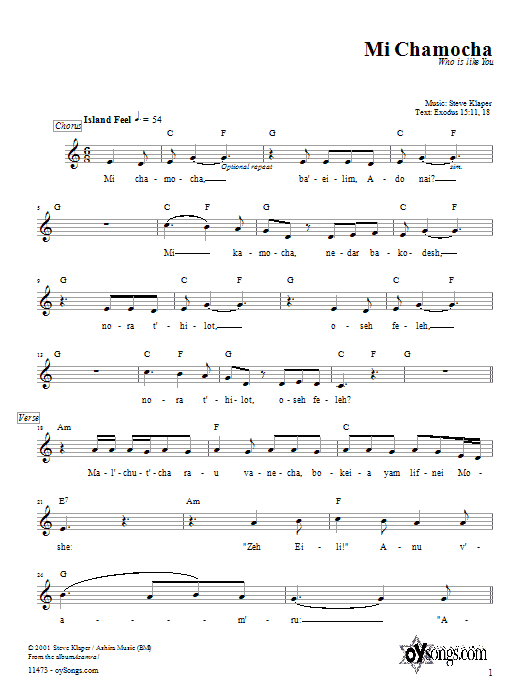 Steve Klaper Mi Chamocha sheet music notes and chords arranged for Lead Sheet / Fake Book