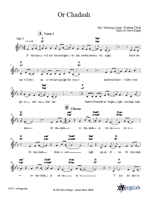 Steve Klaper Or Chadash sheet music notes and chords arranged for Lead Sheet / Fake Book