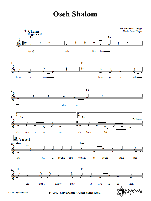 Steve Klaper Oseh Shalom sheet music notes and chords arranged for Lead Sheet / Fake Book