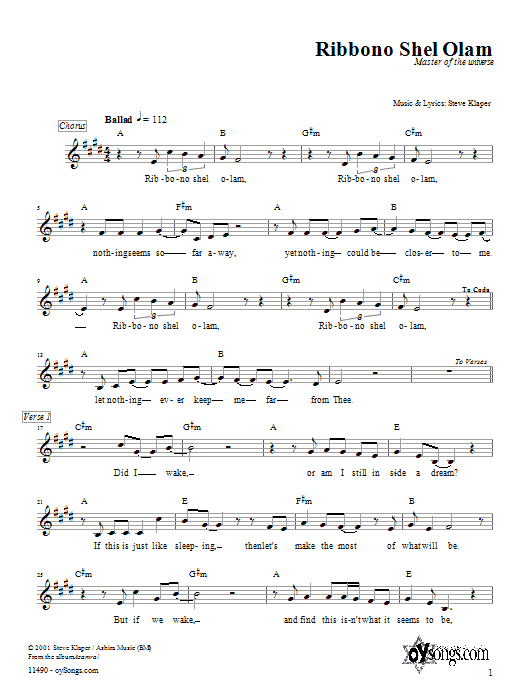 Steve Klaper Ribbono Shel Olam sheet music notes and chords arranged for Lead Sheet / Fake Book