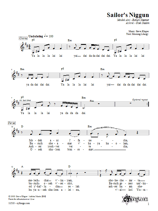 Steve Klaper Sailor's Niggun sheet music notes and chords arranged for Lead Sheet / Fake Book